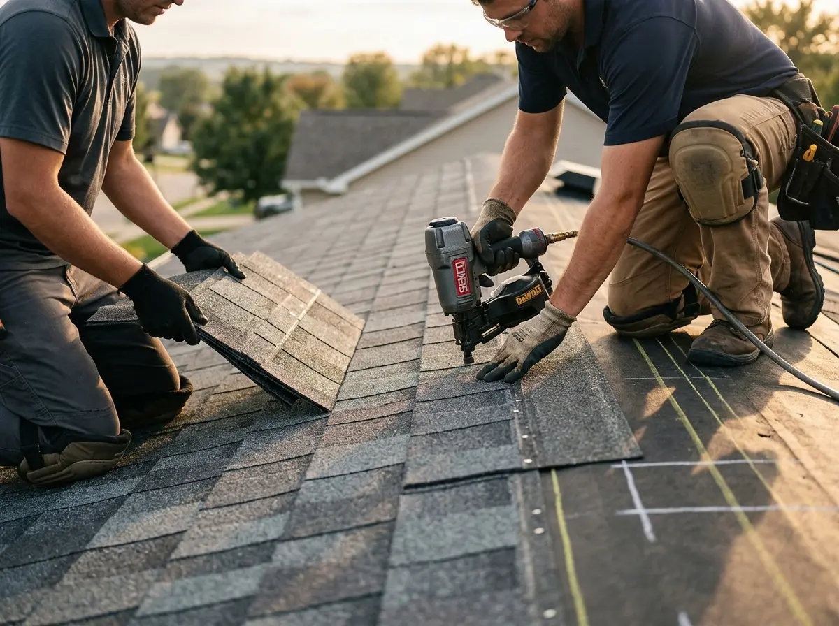 Professional roofer working on a residential roof in Macon-Bibb County